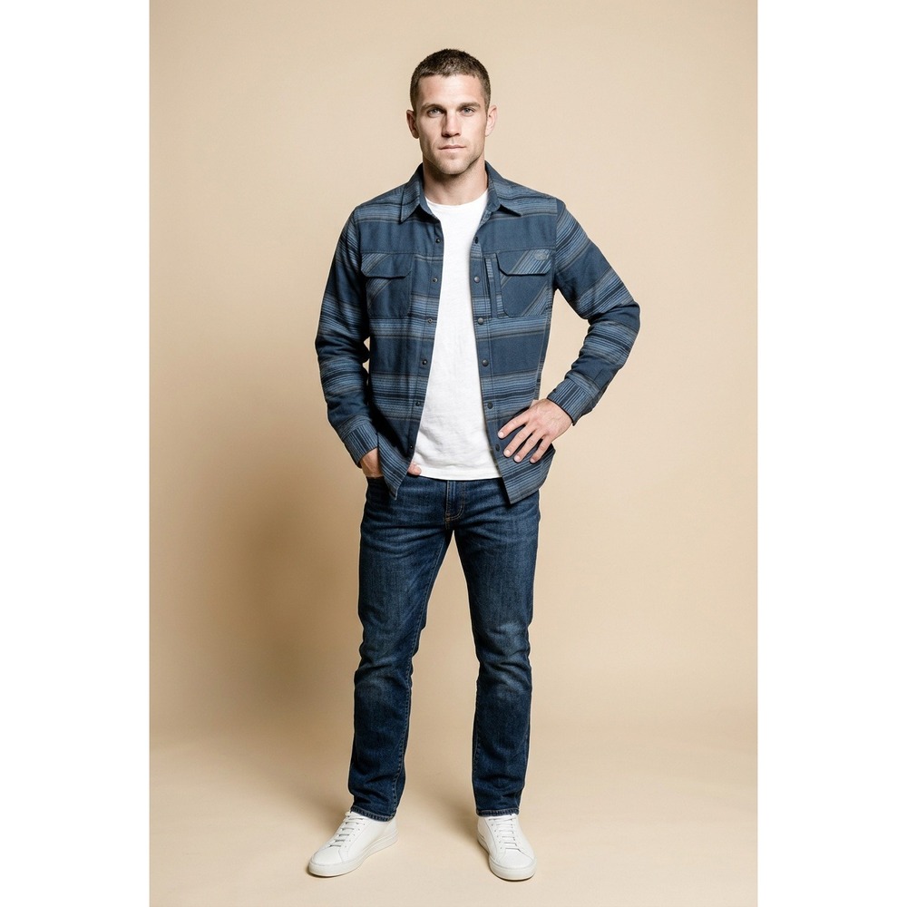 Salty Crew Fathom LS Tech Flannel Shirt Mens Small Blue Striped Snap Front
